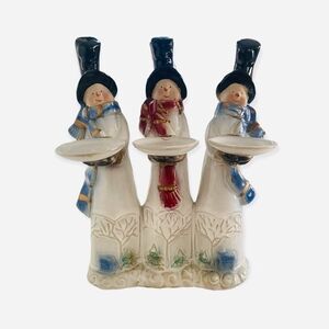 Vintage ELEMENTS Snowmen Trio Candle Holder Ceramic Christmas Tabletop Figurine